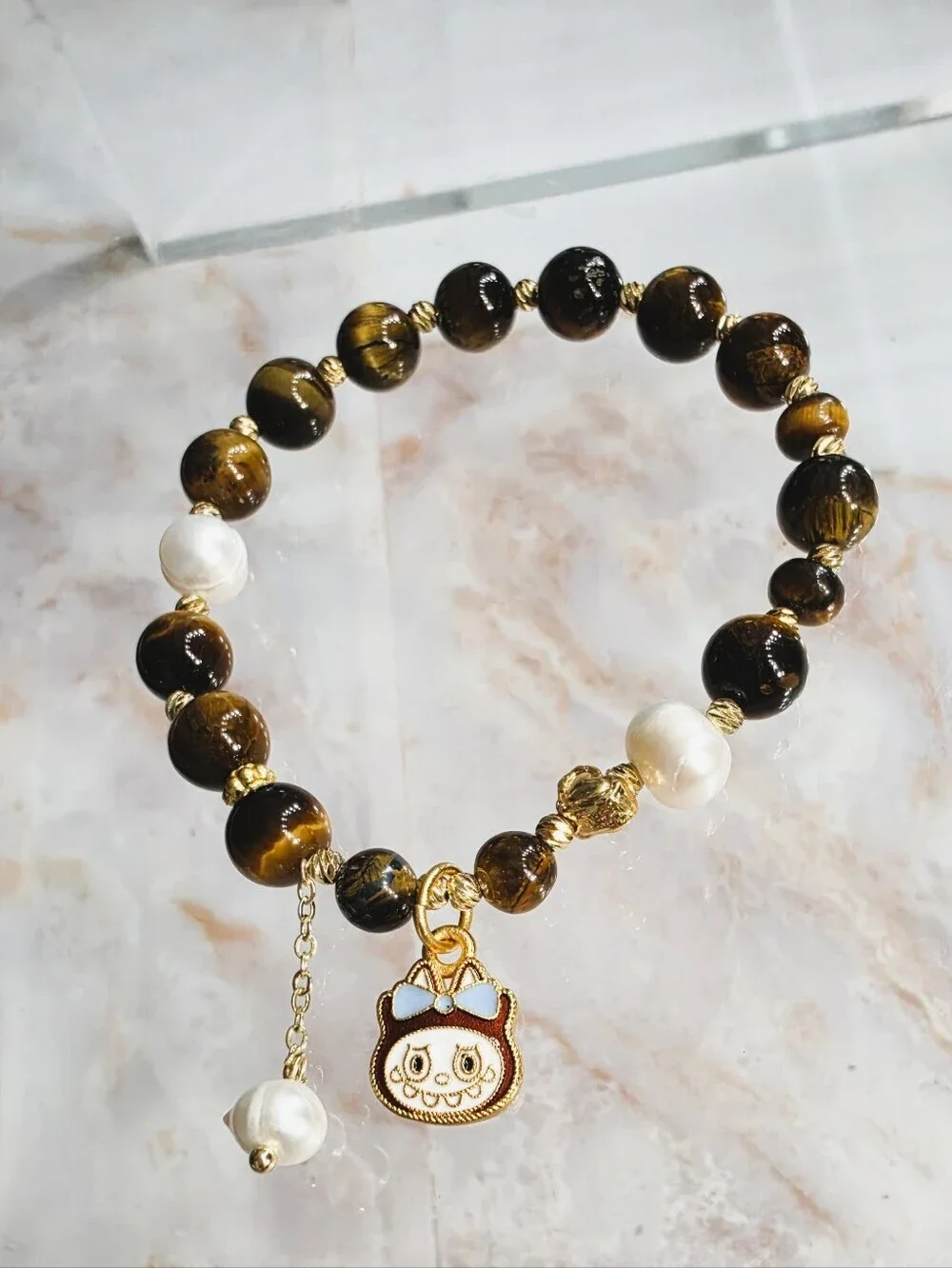 Labubu Tiger Eye Beaded Bracelet Pearl Charm Gold Tone Stretch Bracelet
